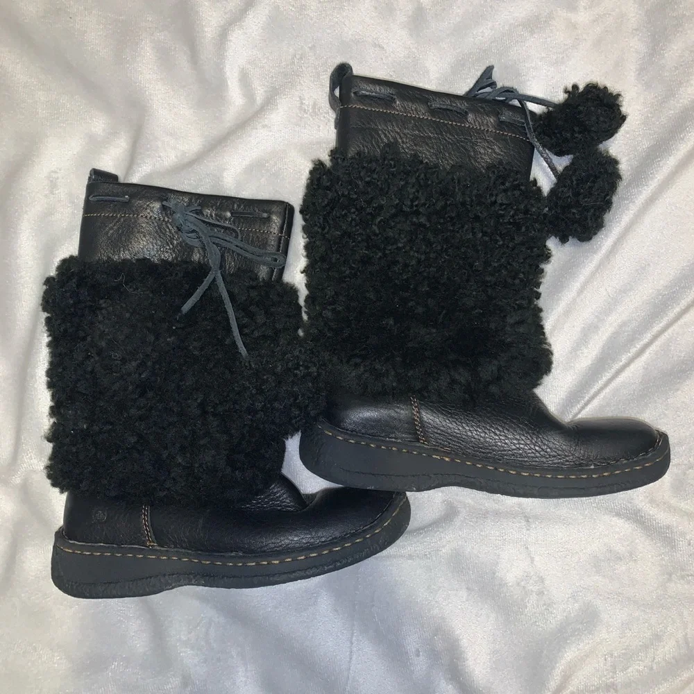 Born leather Cozy Black shearling tall Boots with Pom Poms size 13